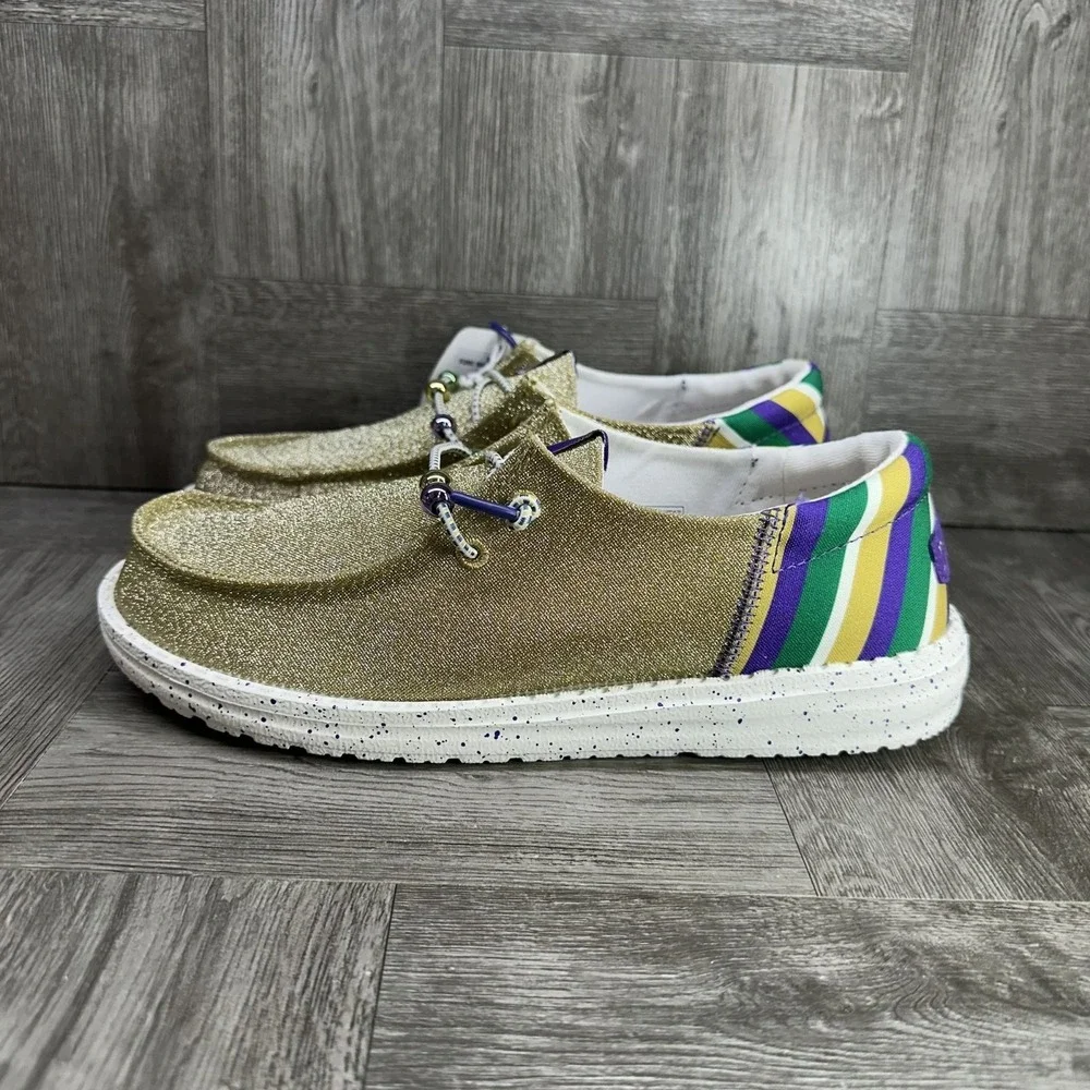 Hey Dude Gold Glitter Wedges with Green, Purple & White Stripe Accents